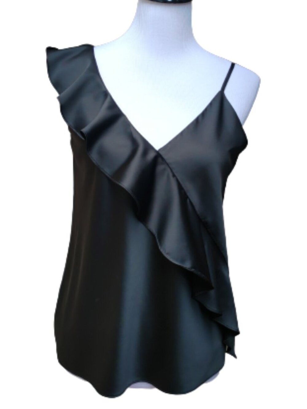 Highline Black Dressy Satin Blouse Ruffle Accent V-Neck Spaghetti Straps